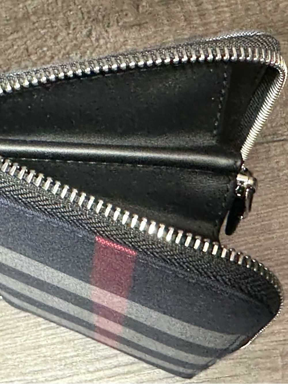 Burberry Zip-Around Wallet in Black with Red and Gray Stripe - Picture 5 of 13